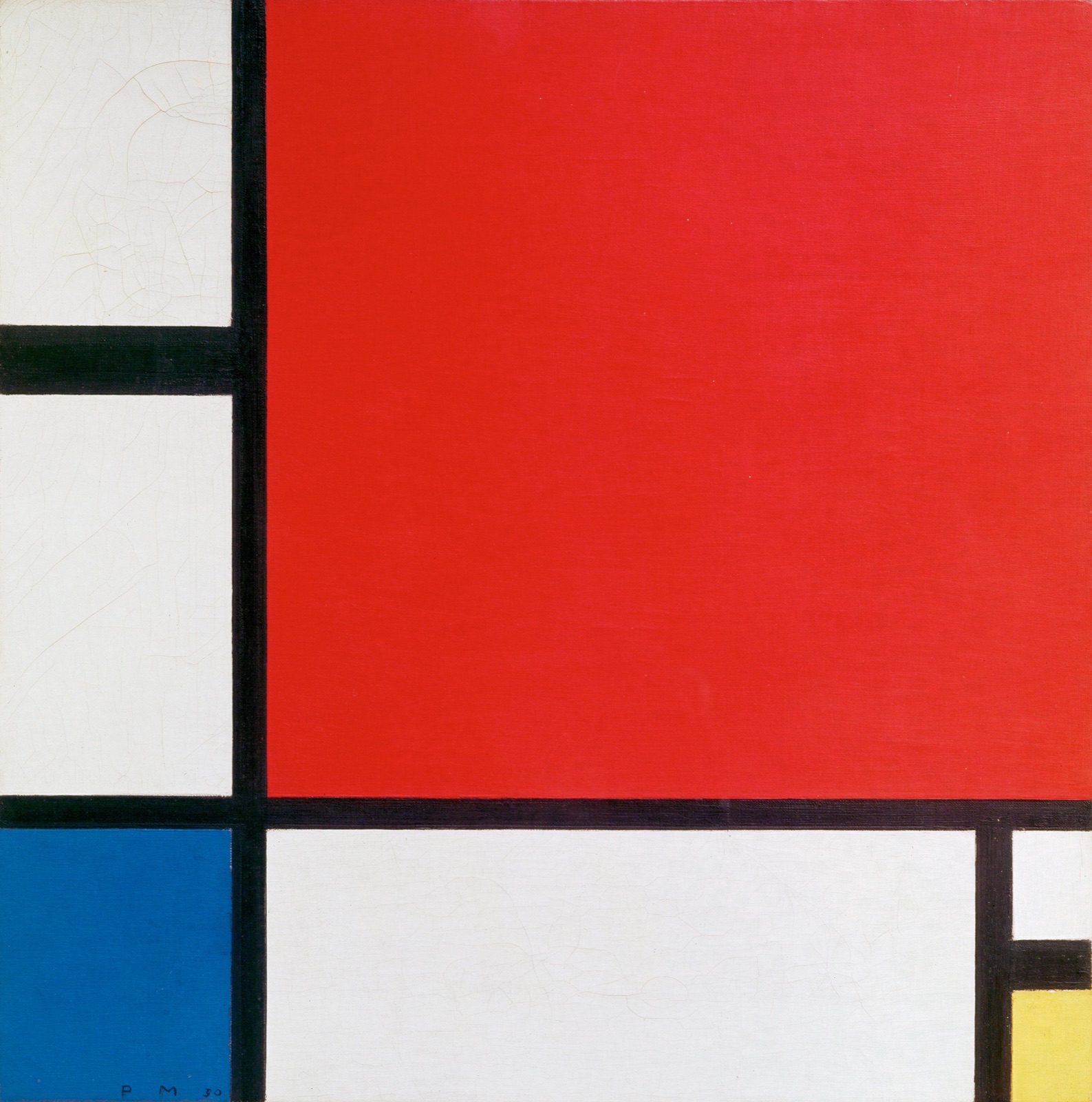 Piet Mondrian, Composition with Red, Blue and Yellow, 1930: large red upper-right field, blue lower-left field and small yellow lower-right field